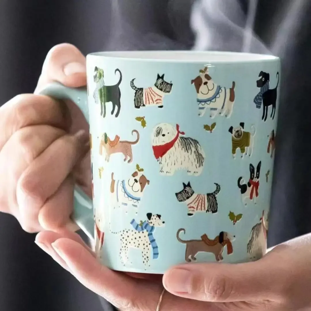 Large Capacity Ceramic Dog Mug Light Blue Cat and Dog Cartoon Animal Coffee Mug