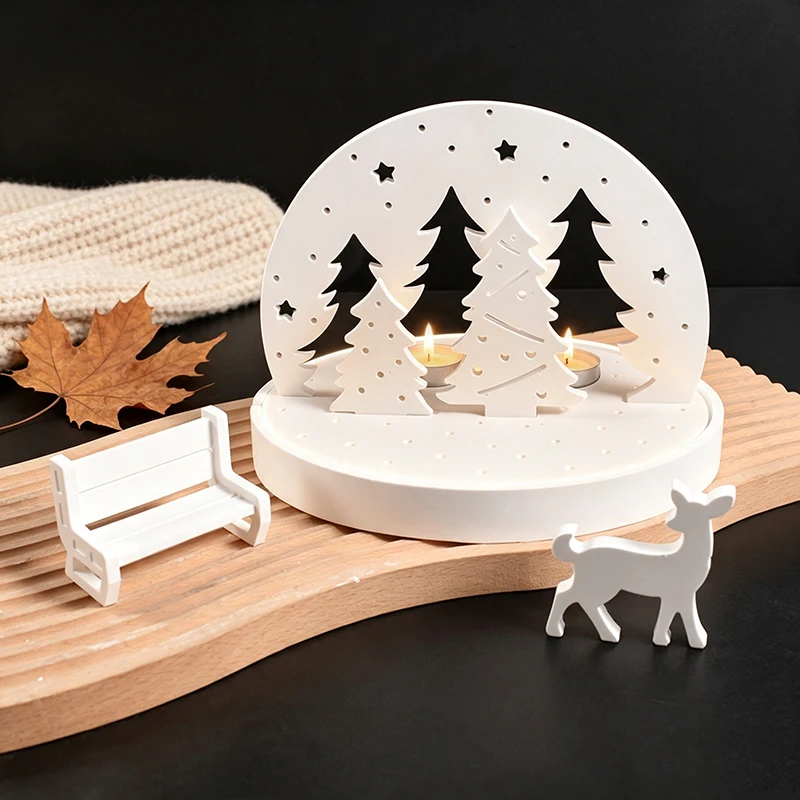 Christmas Elk Tealight Candle Holder Silicone Molds, 3D Resin Plaster Tray Mold Kit, DIY Winter Scene Lamp Base Craft Tool Set