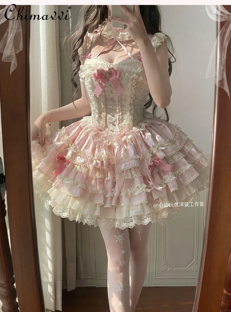 Vestido Lolita de estilo Ballet Original, novedad de 2026, Vestido corto de encaje de Hada dulce con bonito lazo, vestidos de princesa Lolita para fiesta de cumpleaños para mujer
