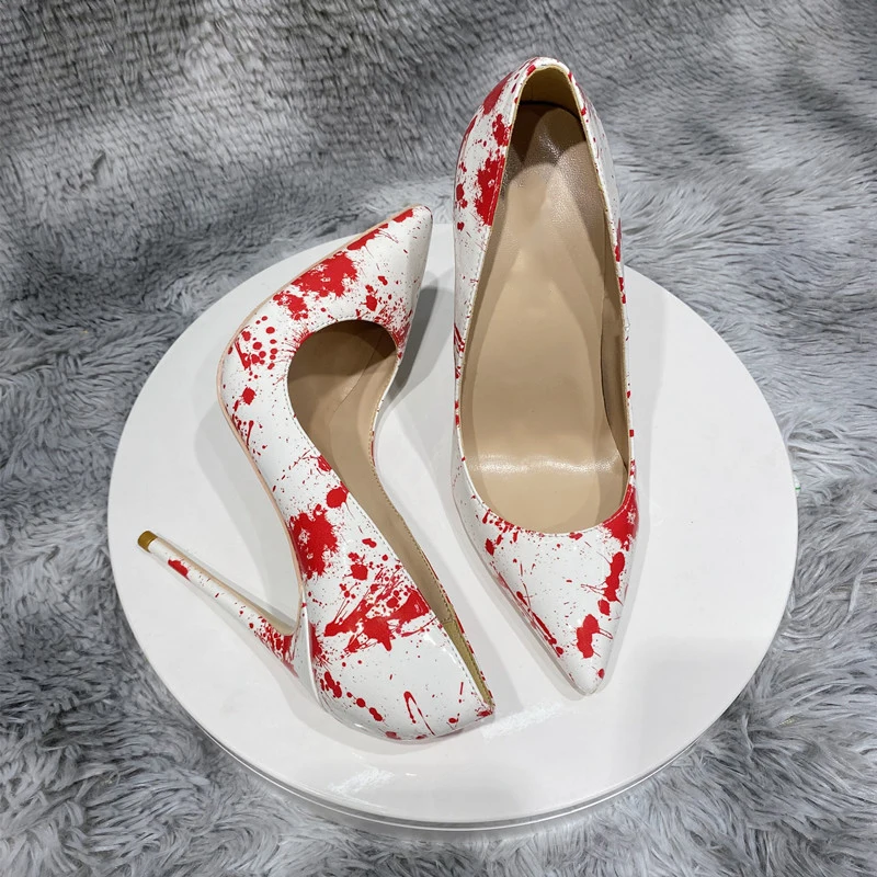 Tikicup المرأة الأبيض والأحمر رش طباعة أشار تو خنجر مضخات الكلاسيكية 12 سنتيمتر عالية الكعب أحذية السيدات لحفلات الزفاف والتاريخ