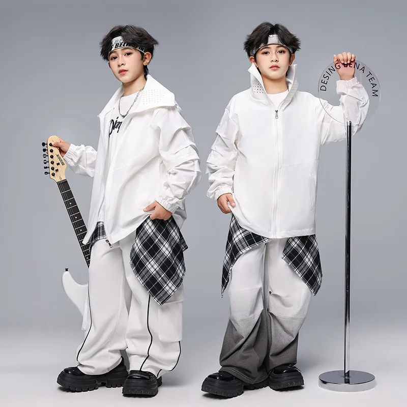 

Kid White Hip Hop Clothing Ruched Sleeves Windbreaker Jacket Casual Pocket Cargo Pants for Girl Boy Jazz Dance Costume Clothes