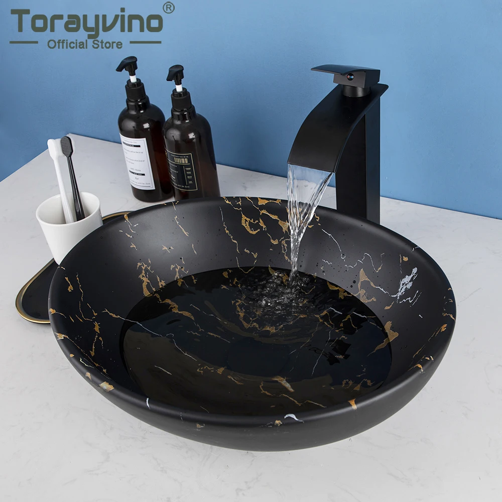 

Torayvino Marbling Oval Bathroom Vessel Sink Ceramic Basin Vanity Above Counter with Matte Black Mixer Faucet Pop-up Drain