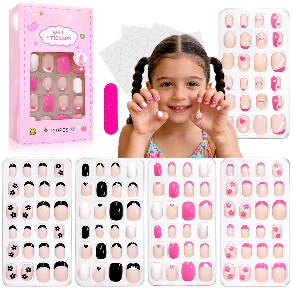 

120Pcs Cute Flower Heart Children's Press on nails Kids Short Oval French Pink/Black Design Fake Nails Simple Wearable FalseNail