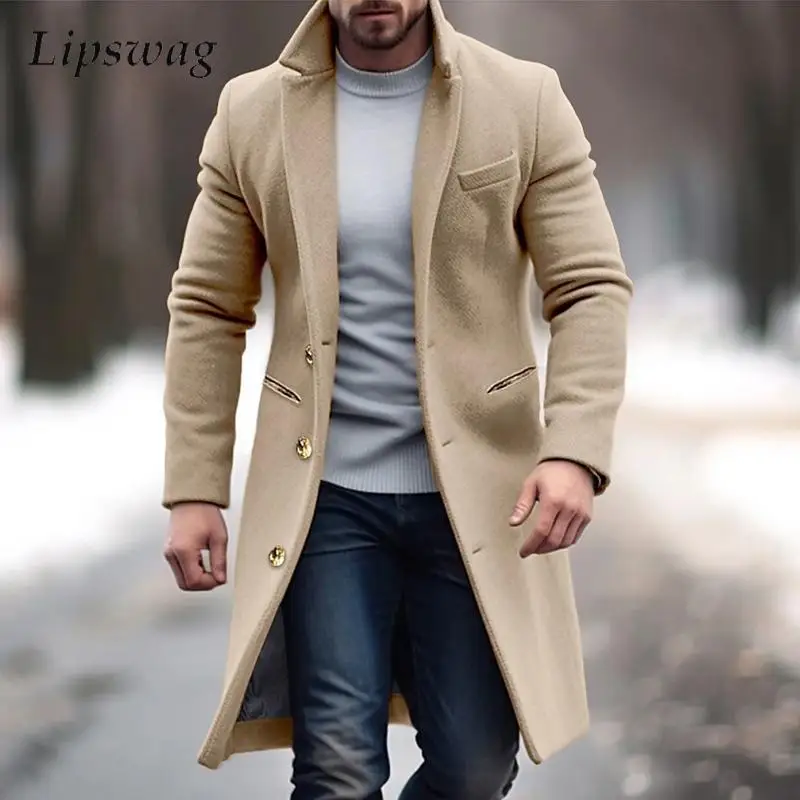 

Fall Winter Outdoor Casual Woolen Overcoats Men Classic Buttoned Lapel Trench Coat Vintage Men's Solid Color Wool Blend Jackets