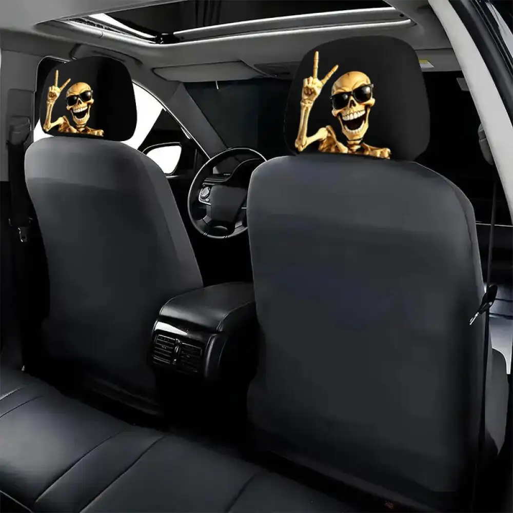 2Pcs Golden Skeleton Sunglasses Peace Sign Car Headrest Covers, 2D Printed, Soft High Elastic, Fits Most Car Models