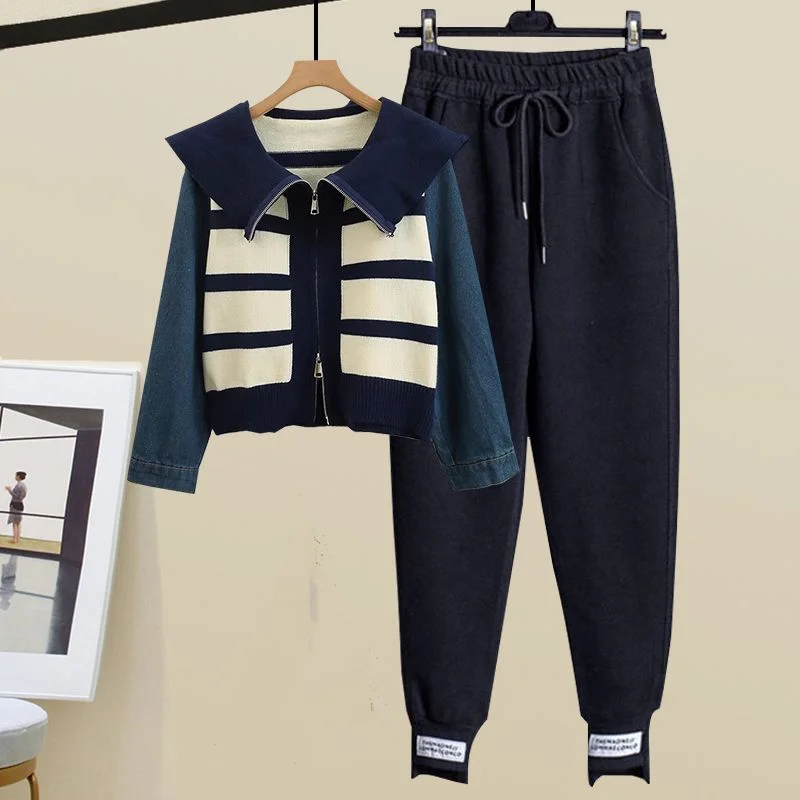 

Sportswear Outfits For Women 2023 Autumn and Winter Fashion Double Head Zipper Stripe Panel Coat Casual Pants 2-Piece Set