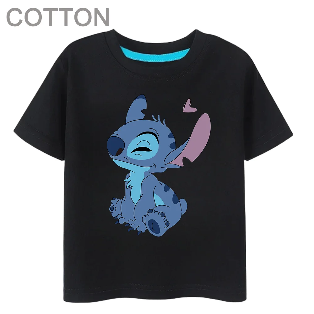 

Летние милые хлопковые детские футболки Kawaii Stitch для девочек с мультипликационным рисунком, круглым вырезом, повседневные футболки с коротким рукавом и принтом для мальчиков