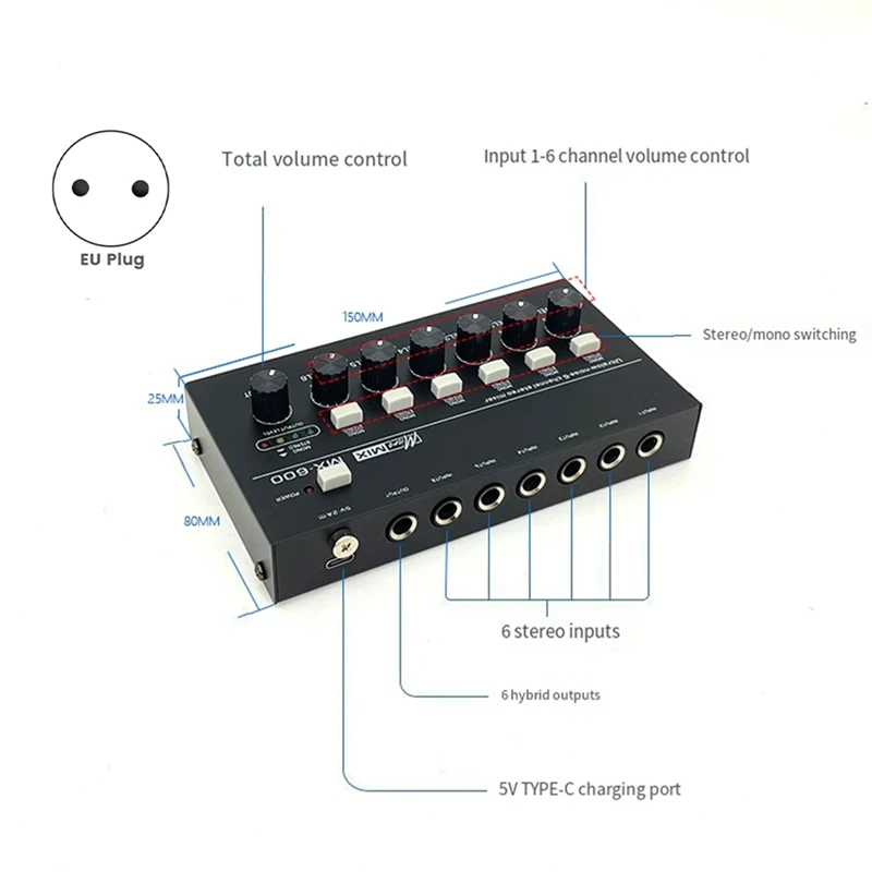 6 Channel Ultra Low Noise Stereo Line Mixer Mini Professional Sound Mixer Power Supply DC5V Audios Mixer