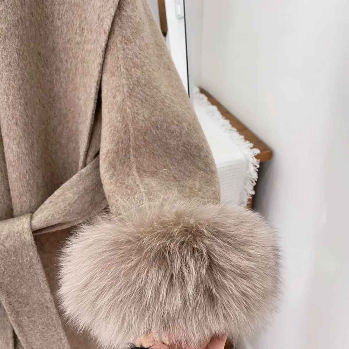 BJTZ خريف شتاء 2025 جديد المرأة طويلة مزدوجة الوجه معطف من قماش الكشمير مع انفصال الثعلب الفراء الأصفاد التلبيب طوق الصوف مزيج دافئ #6