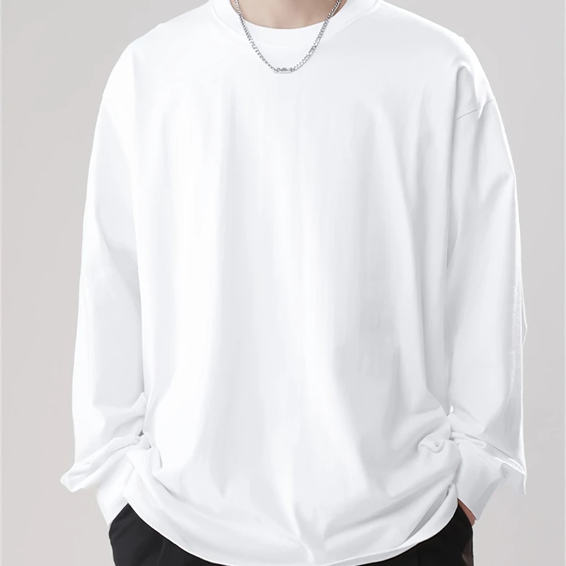 Solid Color Loose Round-neck Long-sleeved Casual Street Style Pullover for Men, 100% Pure Cotton Loose T-shirt