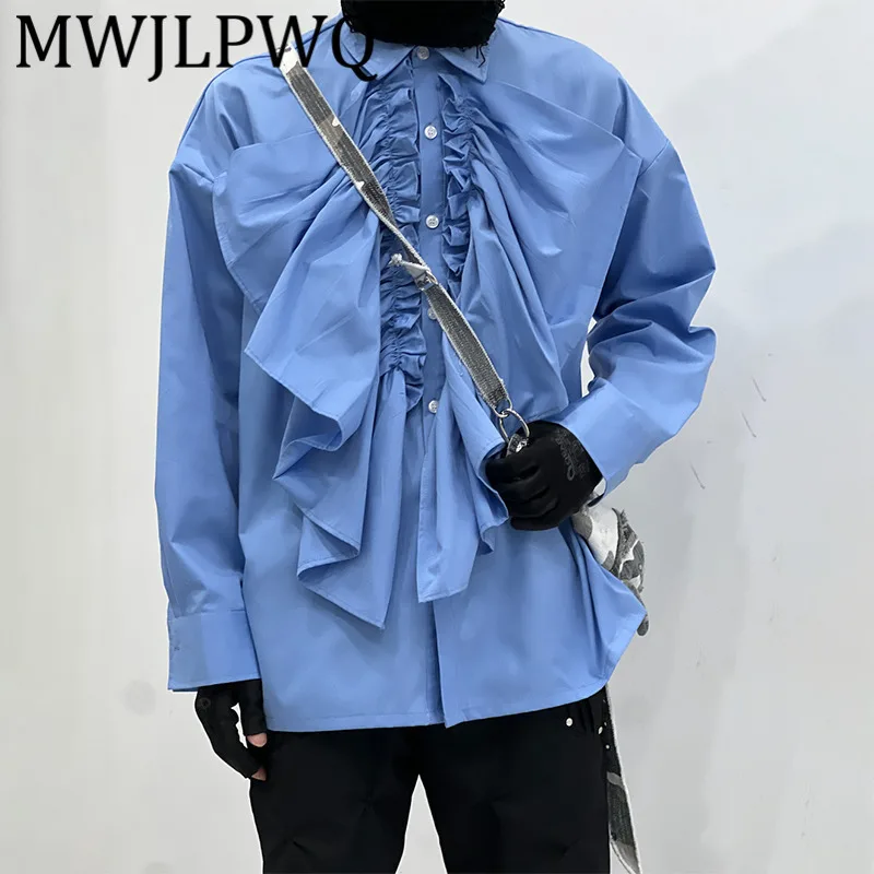 

MWJLPWQ Pleated Spliced Long Sleeve Shirt Male Elegant Single Breasted Design Sense Autumn 2025 New Blue Loose Casual Tops 11788