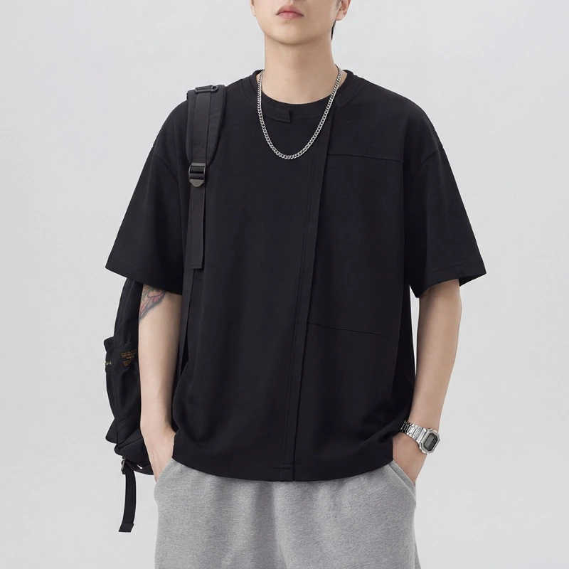 T-shirt Men's Short Sleeves Summer 2026 New Trend Loose Double Structure Collar T-shirt Round Neck