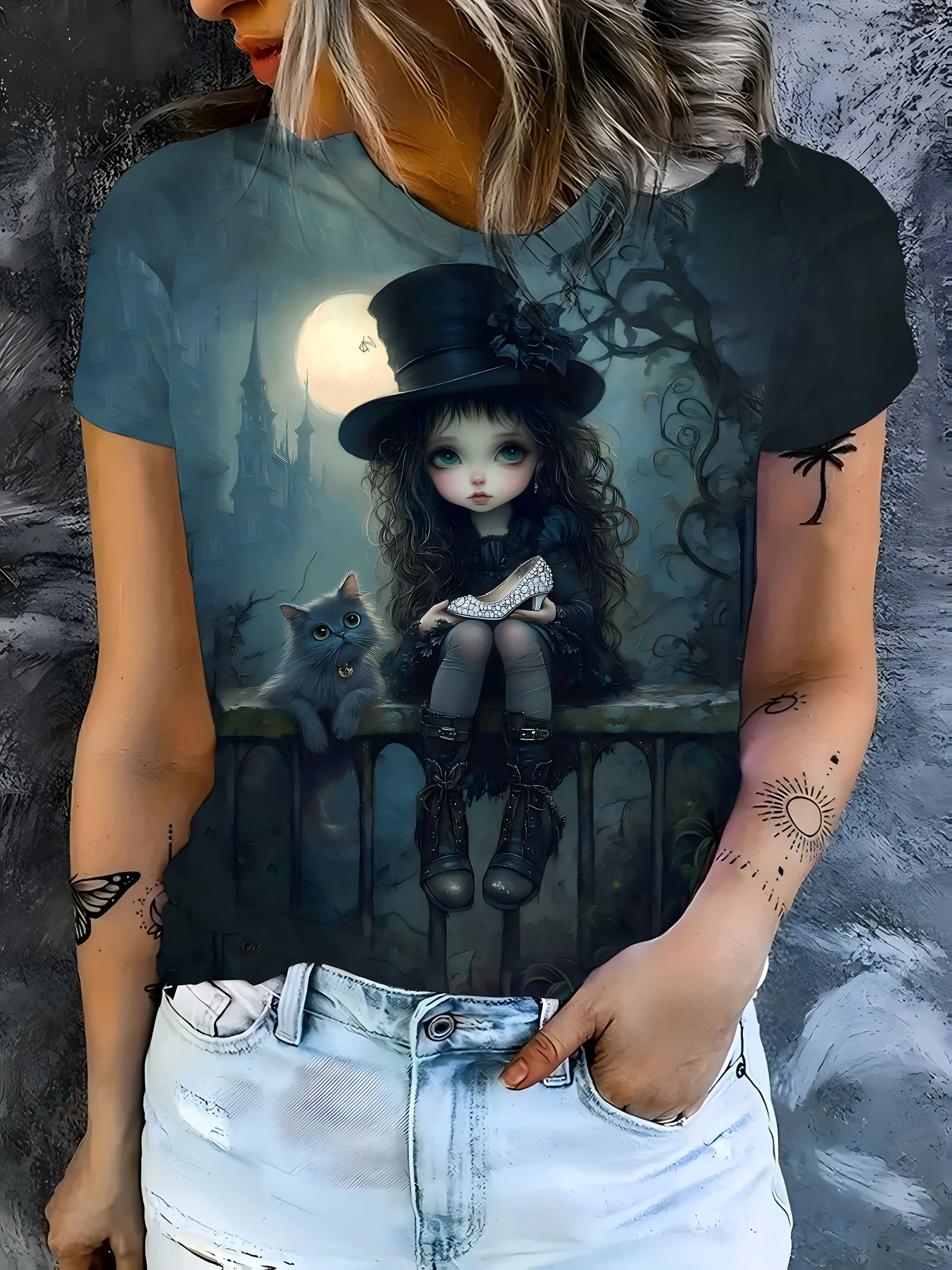 

Dark Teal Women's Tee - Gothic Doll & Cat Graphic, Enchanted Moonlit Print Design for Casual Daily Wear