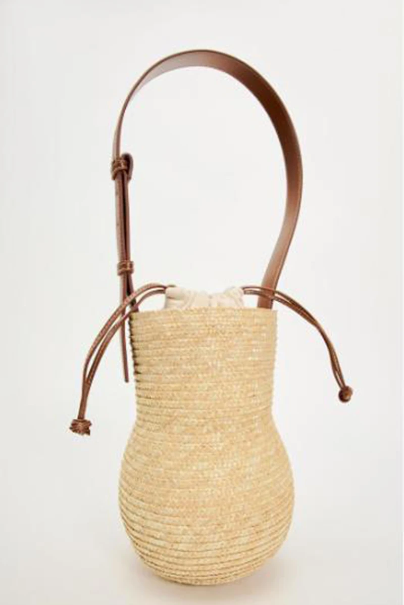 Summer Straw Shoulder Bags Drawstring Women's Straw Bucket Bag Purse Raffia Woven Straw Handbags Casual Tote Beach Crossbody Bag