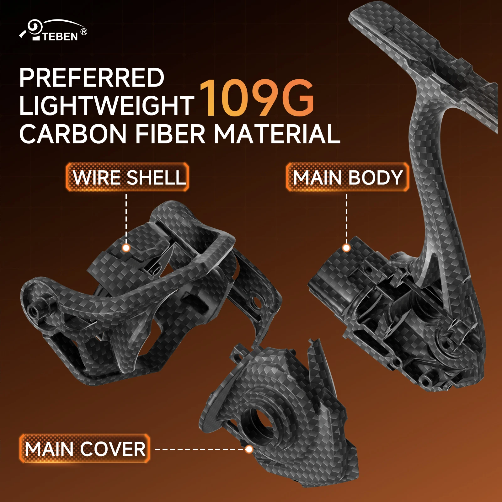 TEBEN ألياف الكربون لهب خفيفة الوزن 109 جرام الصيد الغزل بكرات 5 + 1BB 6.61Lbs ماكس السحب 5.2:1 نسبة التروس خفيفة للغاية لصيد الأسماك