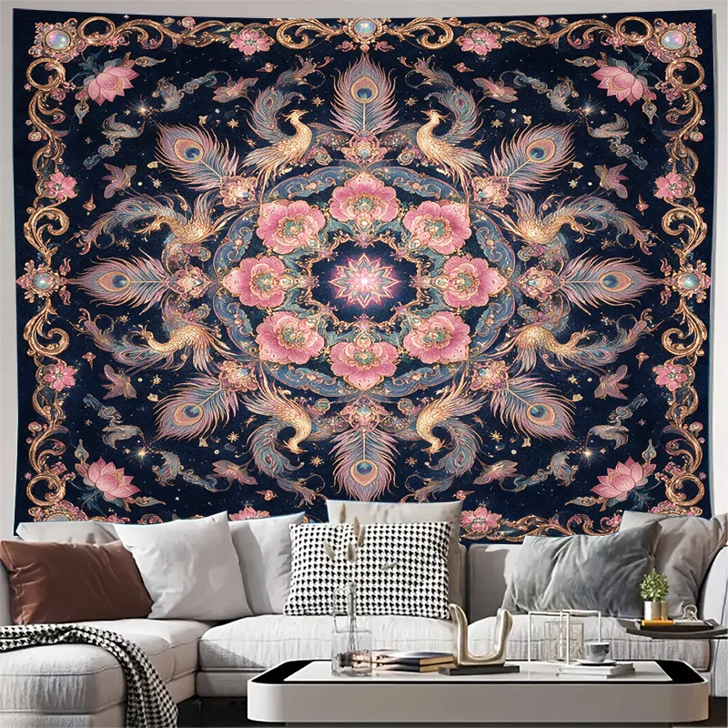 Ornate Peacock Baroque Curtains Decorative Luxury Tapestry Window Drapes Maximalist Floral Mandala Accent Curtains for Home Deco