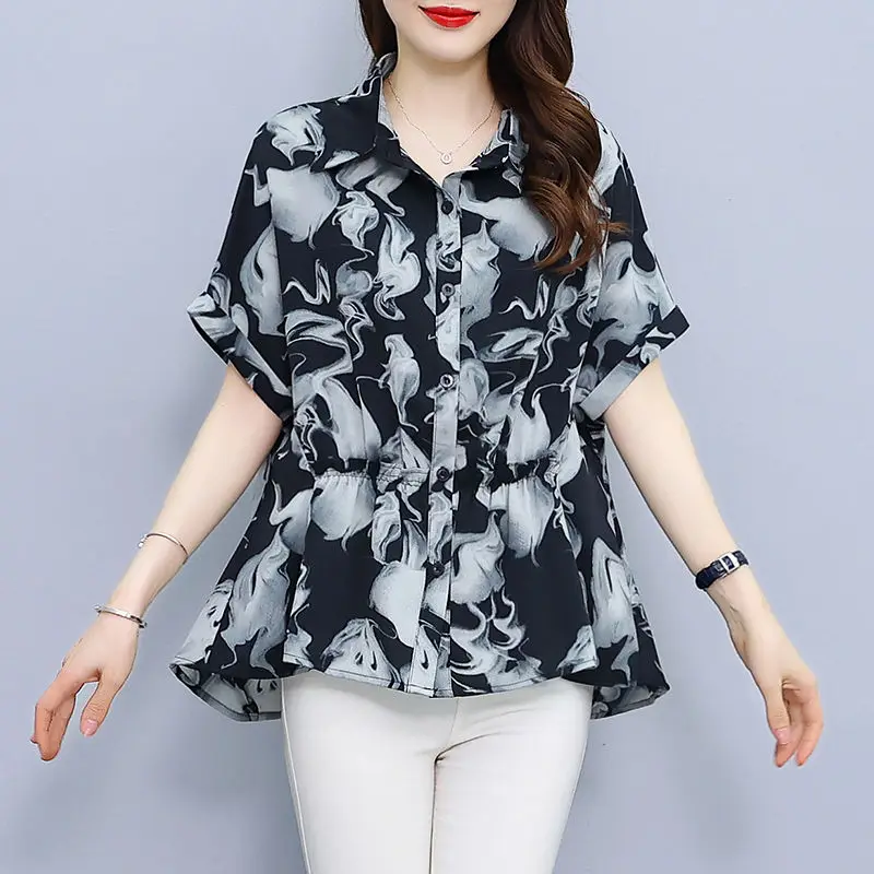 

Summer Short Sleeve Turn-down Collar Printing Women's Geometric Button Short Sleeve Chiffon Cardigan Shirring Casual Tops