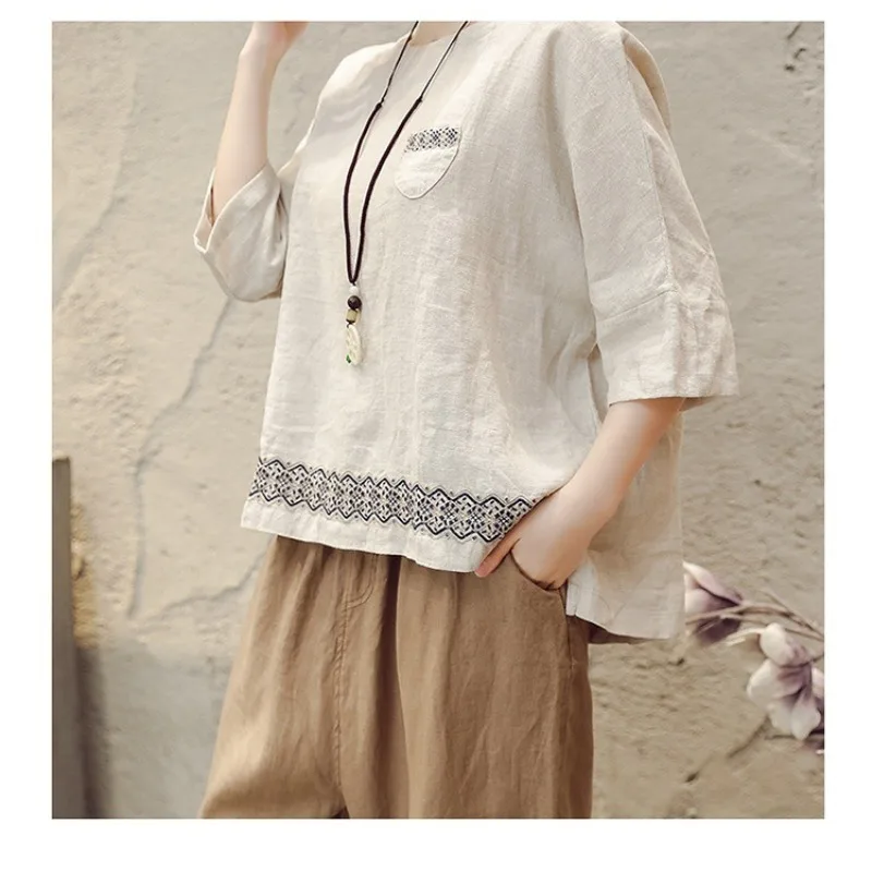2023 Summer New Women's Clothing Retro Cotton Hemp Short Sleeve Round Neck T-shirt Large Loose Cover Fleece Pullover Bottom Tops