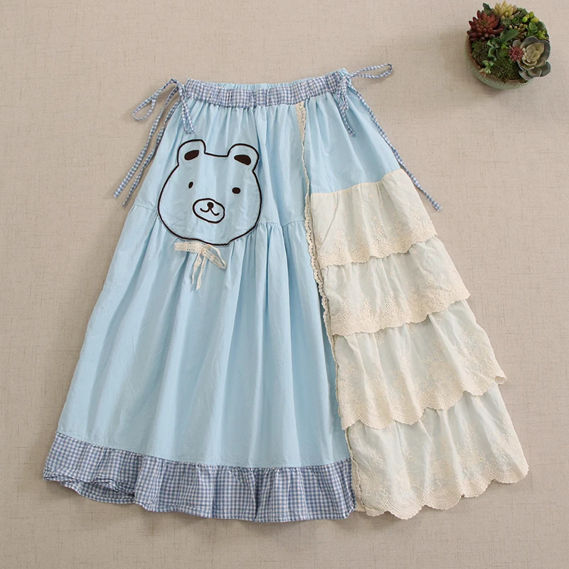 Sweet Mori Girl Cartoon Bear Emboridery Asymmetricial Patchwork Cotton Skirt Women Kawaii Elastic Waist Loose A-line Skirts