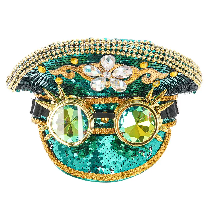 

Green Sequined Rhinestone Captain Hat Festival Bar Nightclub Dance Luxury Accessories Halloween Costume Steampunk Hats For Women