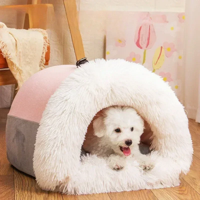 Winter Plush Cat Bed Large Size Dog Kennel Warm Cat House Villa Comfort Kitten Nest Closed Cats Home Puppy Sleep Mat