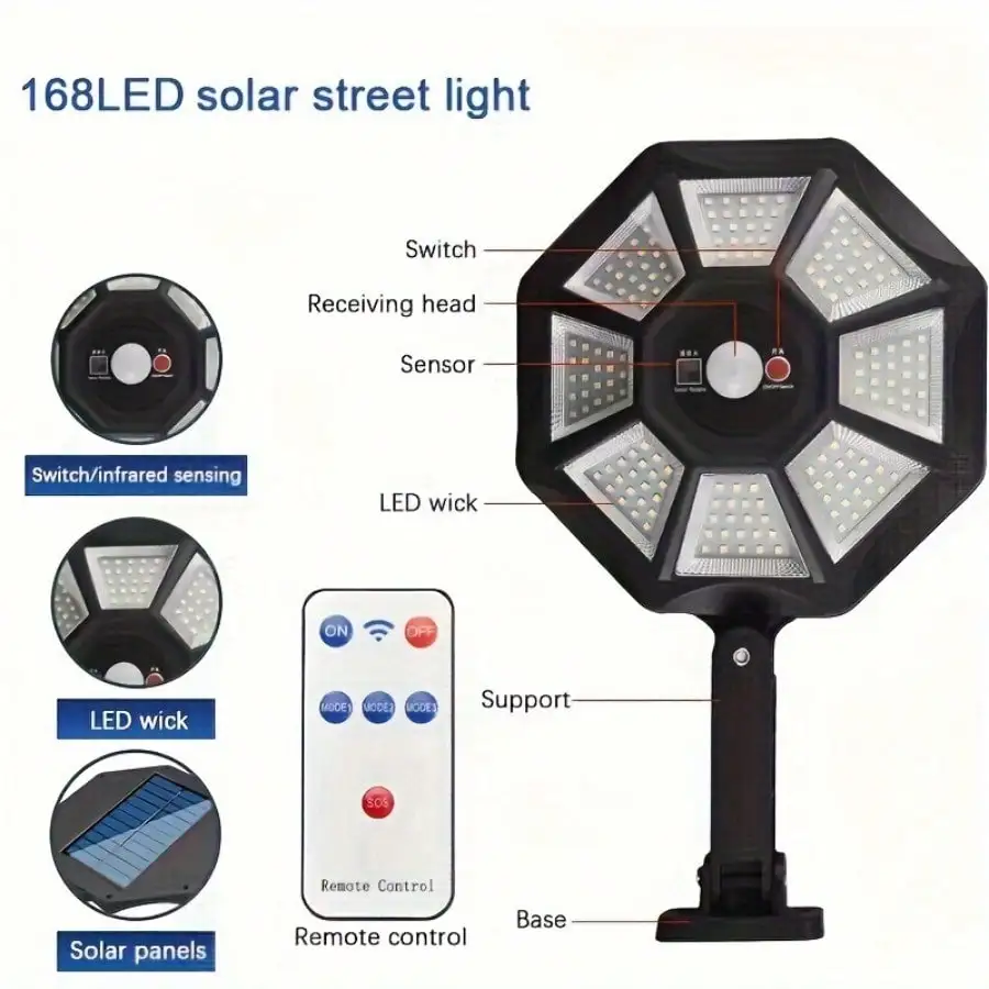 168 LED Solar Street Lamp - Motion Sensor, 3 Modes, Remote, ABS Metal, 18650 Battery, Garden/Patio/Pathway Lighting