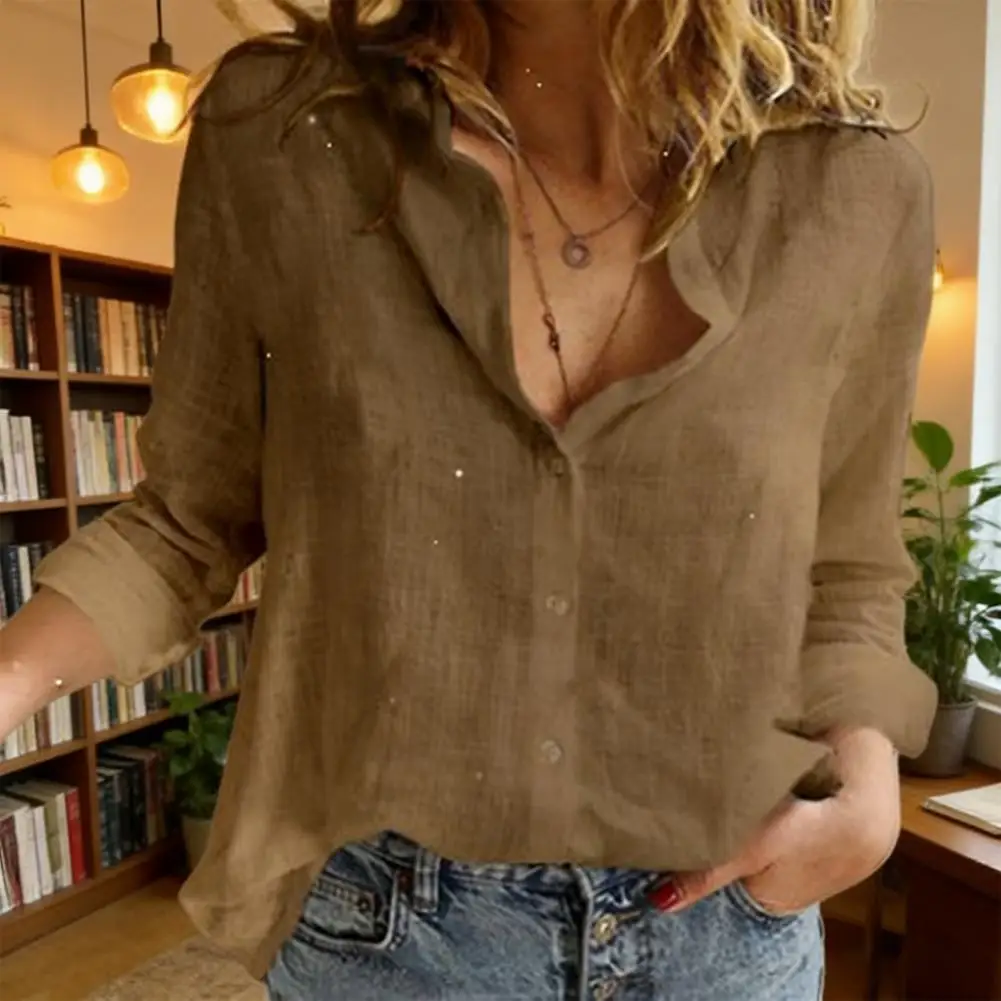 

Women Linen Shirt Lightweight Summer Top Women’s Lapel Shirt Long Sleeve Office Top Breathable Moisture-wicking for Work