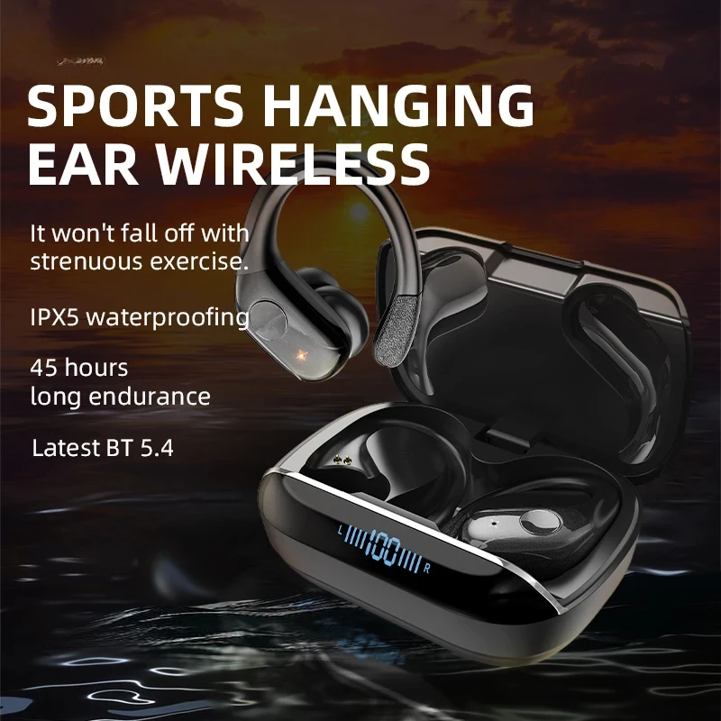 

T12 intelligent noise cancelling hanging ear wireless earphones with digital display and waterproof sports Bluetooth earphones