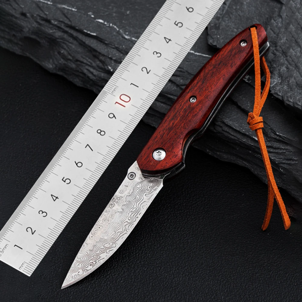 High Hardness Damascus Folding Knife Multifunctional Small Tactical Survival Jackknife Wood Handle Outdoor Hunting Pocket Knives