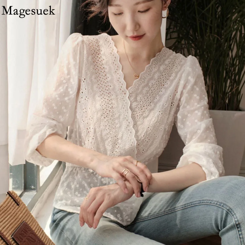 

French Lace Embroidery Cotton Blouse Women V Neck Cross Hollow Out Shirts Spring Long Sleeve White Tops Elegant Clothes 20067