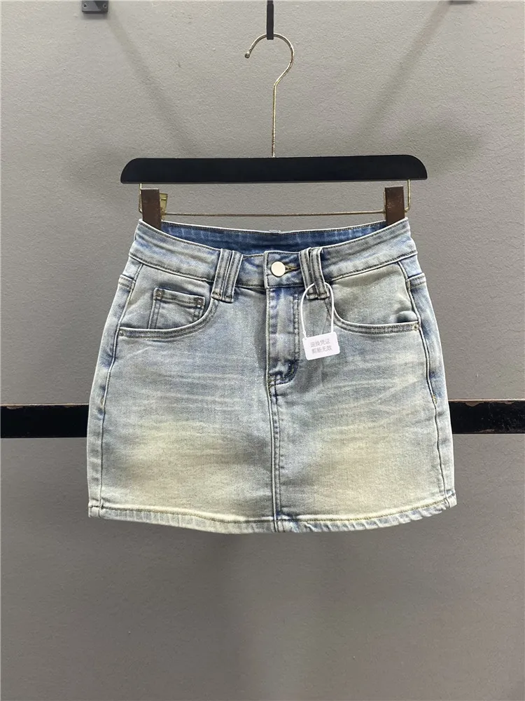 

Retro American Sequin Denim Half Skirt Women's Spring Summer New Elastic Slimming Sexy A-Line Short Skirt Casual High Waist