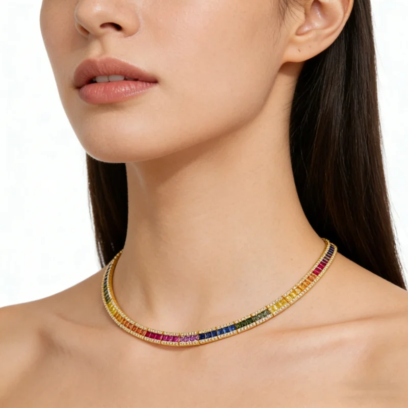 BELLUX Collar 925 Silver Synthetic Zircon Color Splicing Square Full Diamond Luxury Fashion Necklace