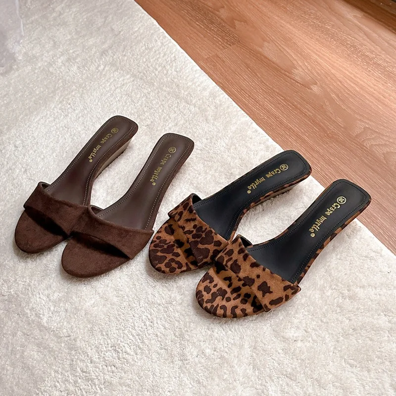 designer shoes leopard wedge heels slippers versatile for women to wear with high heels French-style one-shoulder silppers woman