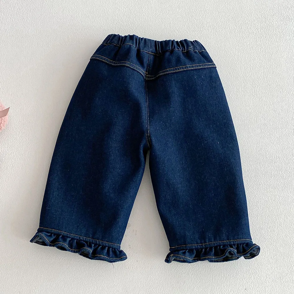 Girls Winter Jeans Pants Vlevet Thicken Warm Snow Children Clothing Fashion Ruffles Kids Blue Denim Trousers New Arrival