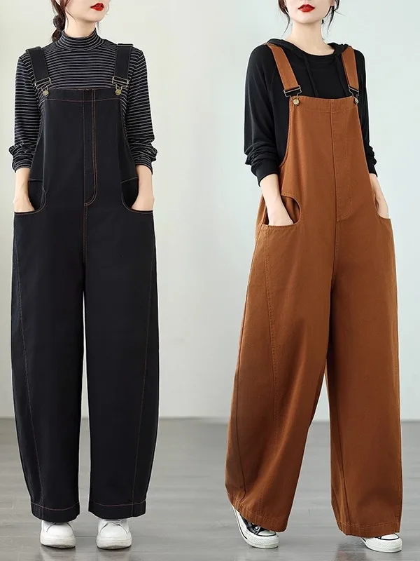 여성용 루즈 와이드 레그 데님 오버롤 가을 신상 슬레 아티스틱 코튼 캐주얼 편안한 플러스 사이즈 트리트리 오버롤 팬츠