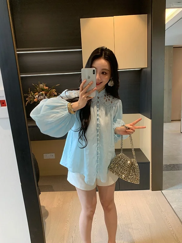 

Spring Season Women's Slimming Simple Style Hemp Shirt XINYI Sea Salt Mint Embroidery Lantern Sleeve Casual Loose Fit Shirt