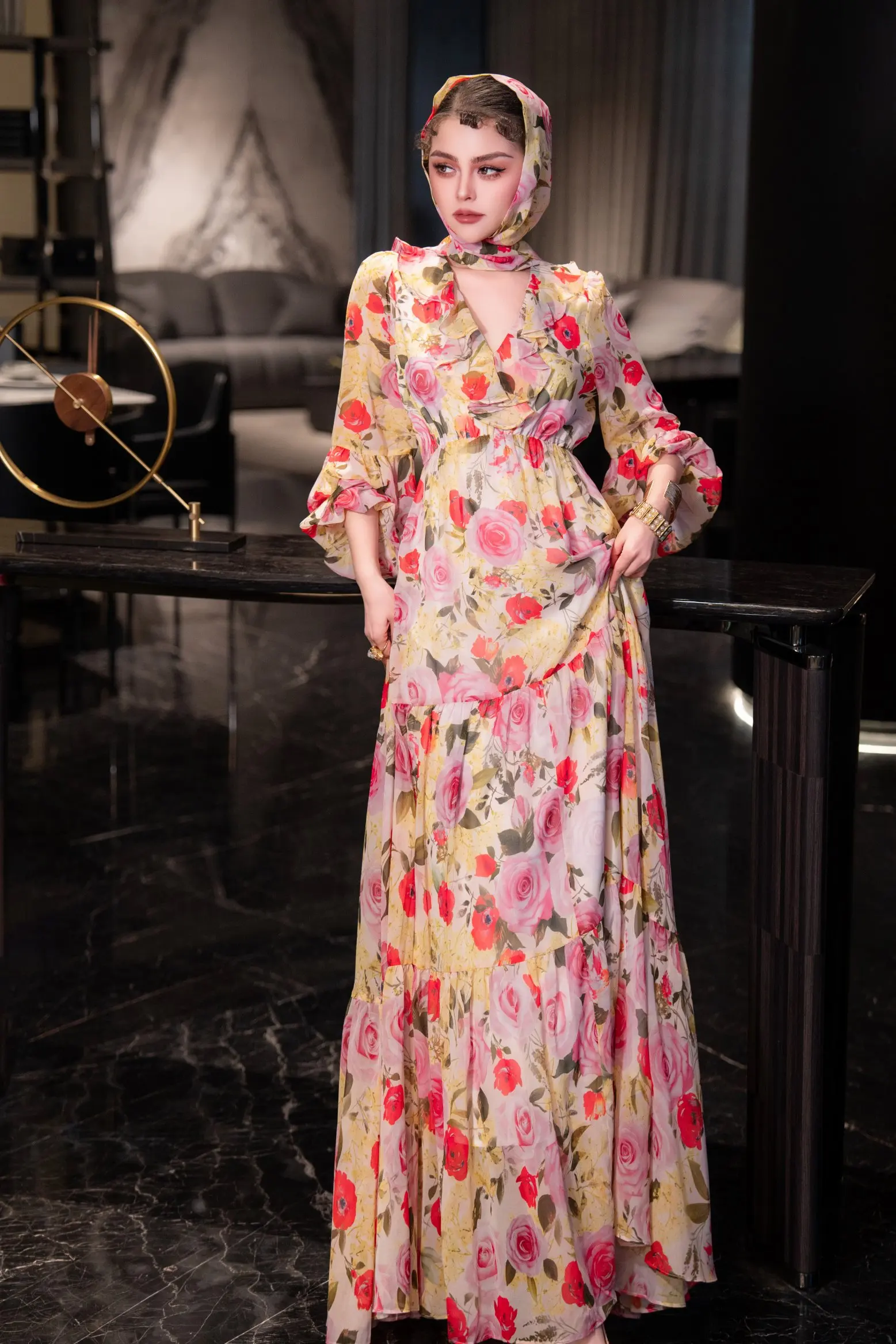 ZJYT Runway Spring 2025 Floral Print Long Holiday Dresses for Women Elegant Lantern Sleeve V Neck Bohemian Dress Vestidos Largos