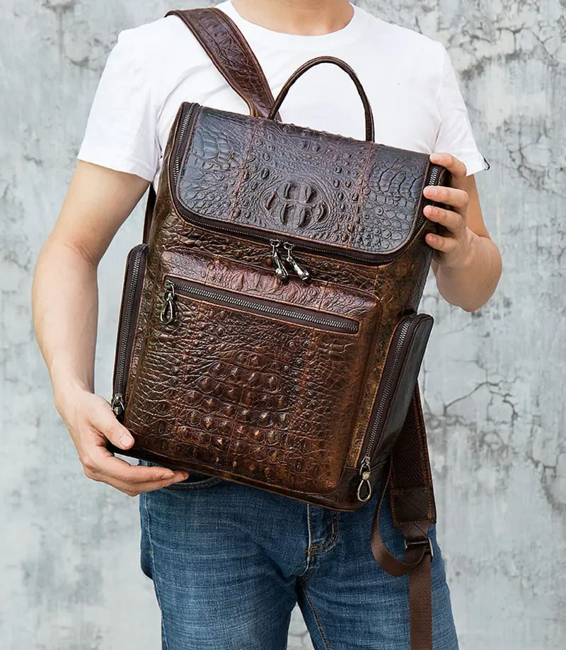 

2025 New Fashion Crocodile Leather Men's Backpack Men's Bagpack Casual Fashionable Cowhide Travel Backpack for Man Real Cow Skin