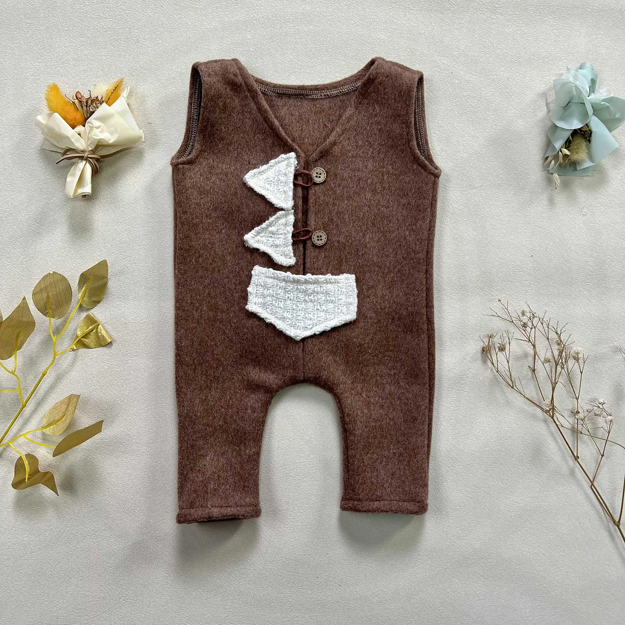 

1-2 Years Brown Wool Blend Vest with White Fabric Trim Jumpsuit Cool Birthday Party Outfit Sets Photography Studio Photo Prop