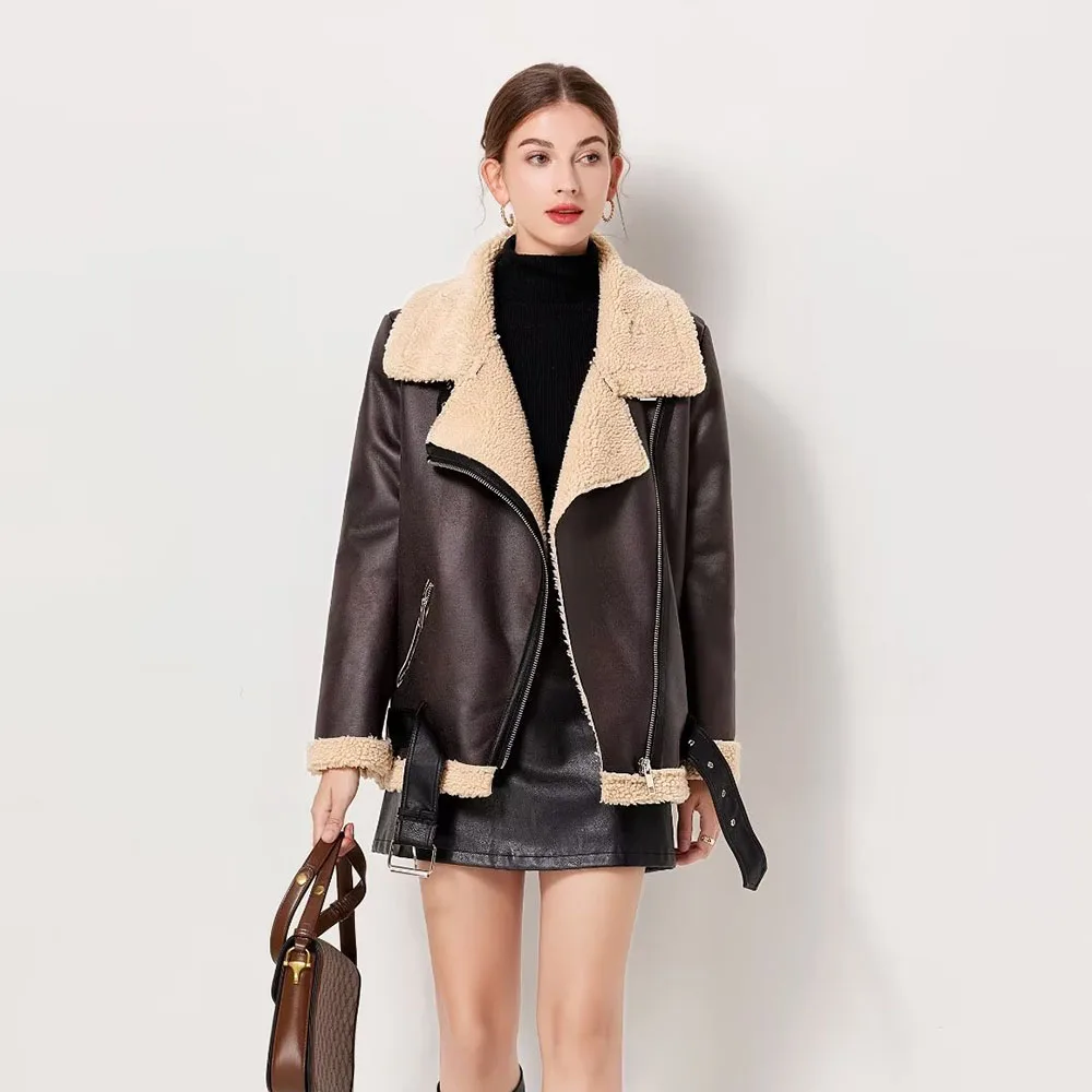 2024 Autumn And Winter New European And American Cross-Border Women's Street Fashion Solid Color Motorcycle Fur One Warm Coat.