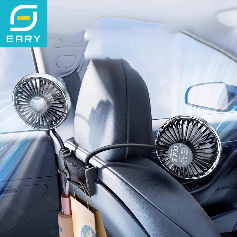 Eary Dual-Head Car Rear Seat Fan for Tesla Model Y/3 Highland Accessories 3 Speeds Car Cooling Fan 2 Hooks for Backseat for Kids