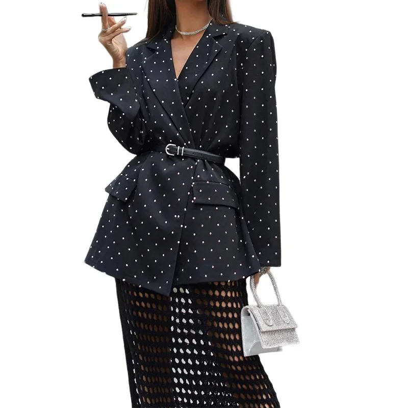 Elegant Women Blazer Coat Y2K Chic Clothes Autumn Winter Office Lady Long Sleeve Lapel Collar Dot Print Jacket Outwear with Belt