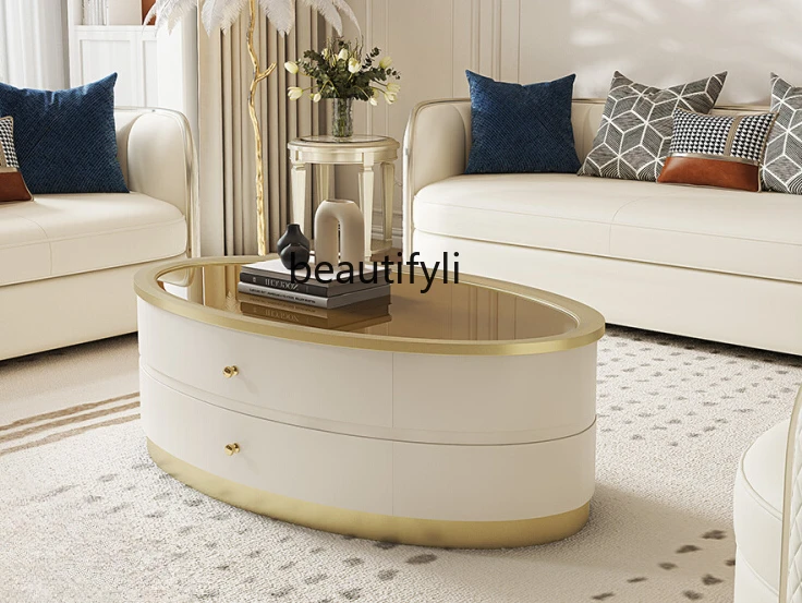 

Glass Coffee Table round Living Room Modern Silent Wind Storage American Light Luxury Solid Wood Tea Table