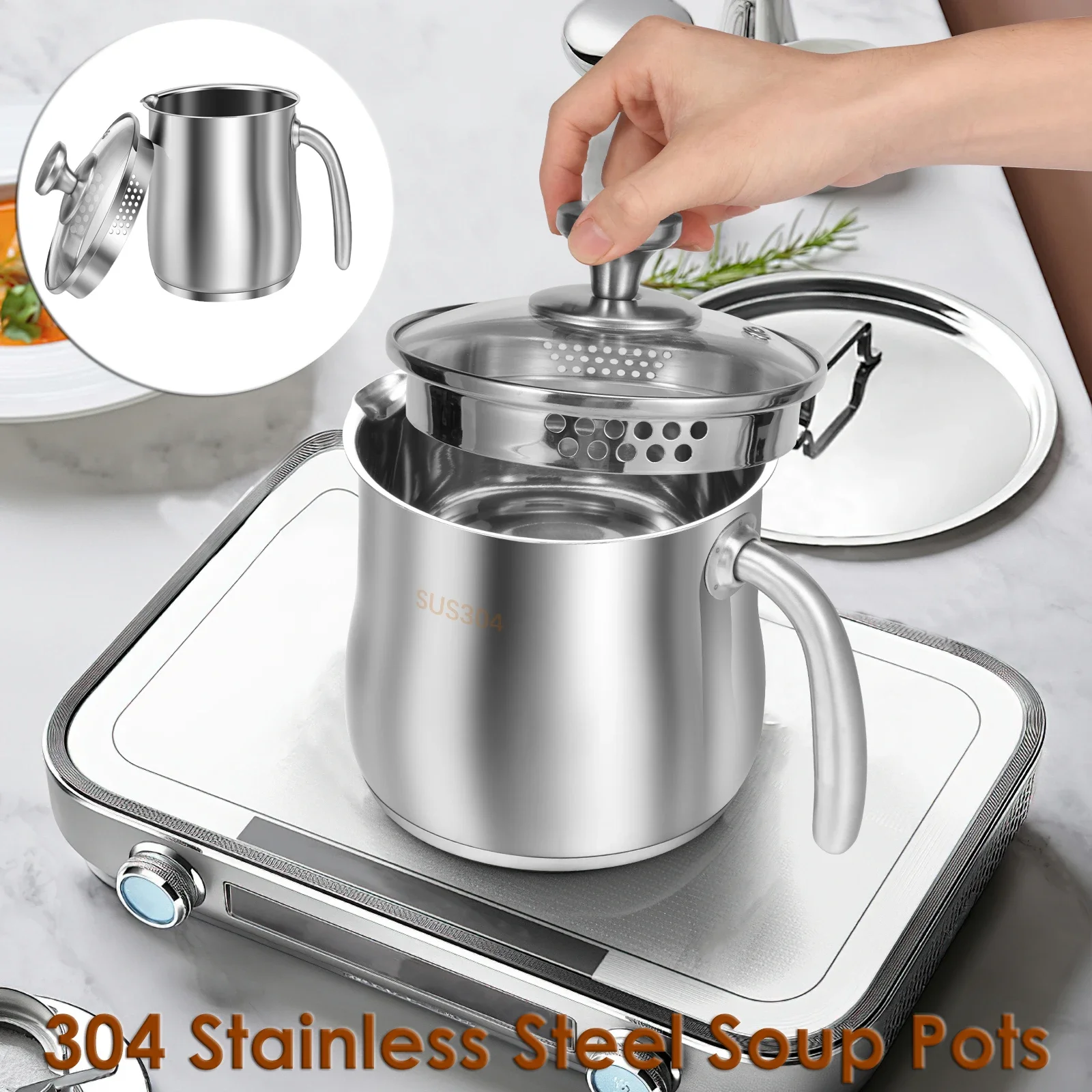 

2-литровая кастрюля из нержавеющей стали с носиком для слива, для детского питания, с отверстием для отделения жира и стеклянной крышкой, посуда