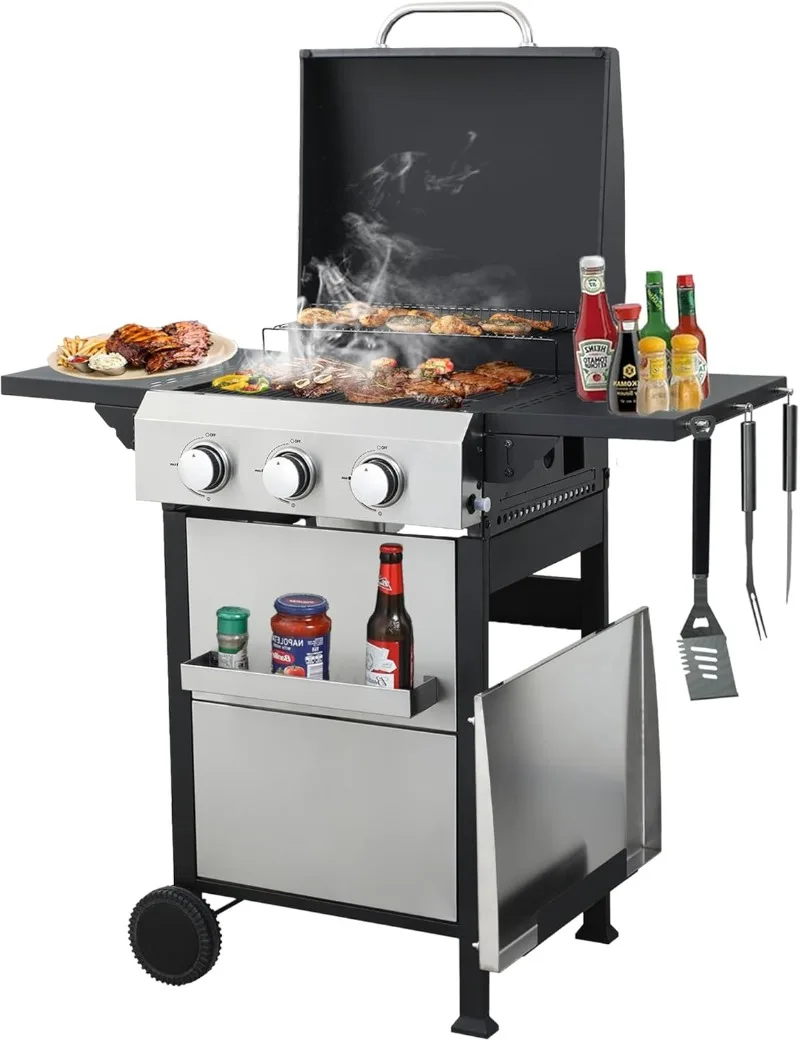 3 Burner Outdoor Flat Top Griddle Grill Combo, 2 In 1 Propane Gas Bbq Grill W/Enameled Cast Iron Grids And Stainless Steel