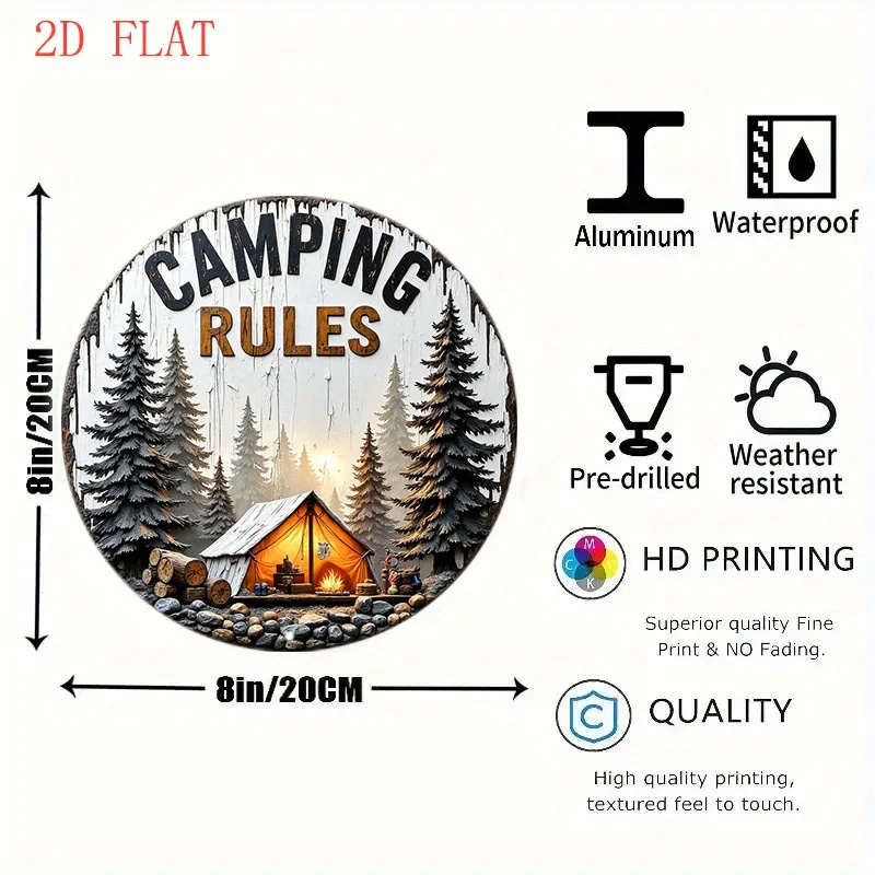 [2D Flat] 8 Inch Round Aluminum Wall Sign - Camping Rules with Tent & Pine Trees Design | Rustic Home Decor for Indoor/Outdoor