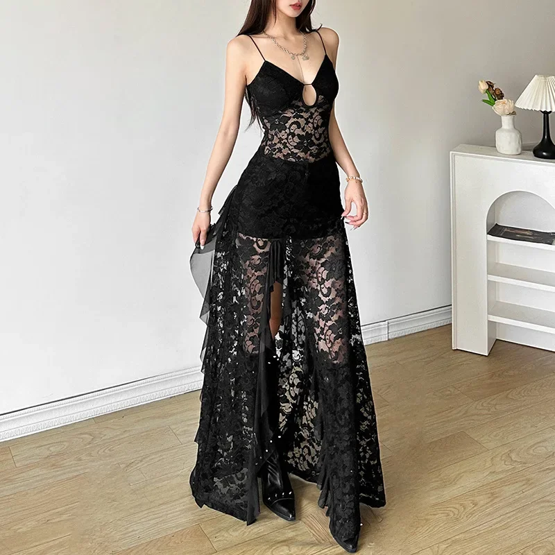

Spaghetti Straps Black Sexy Sheer Spliced Lace Long Maxi Dresses Women Sleeveless Backless Hollow High Split Dress Party Night