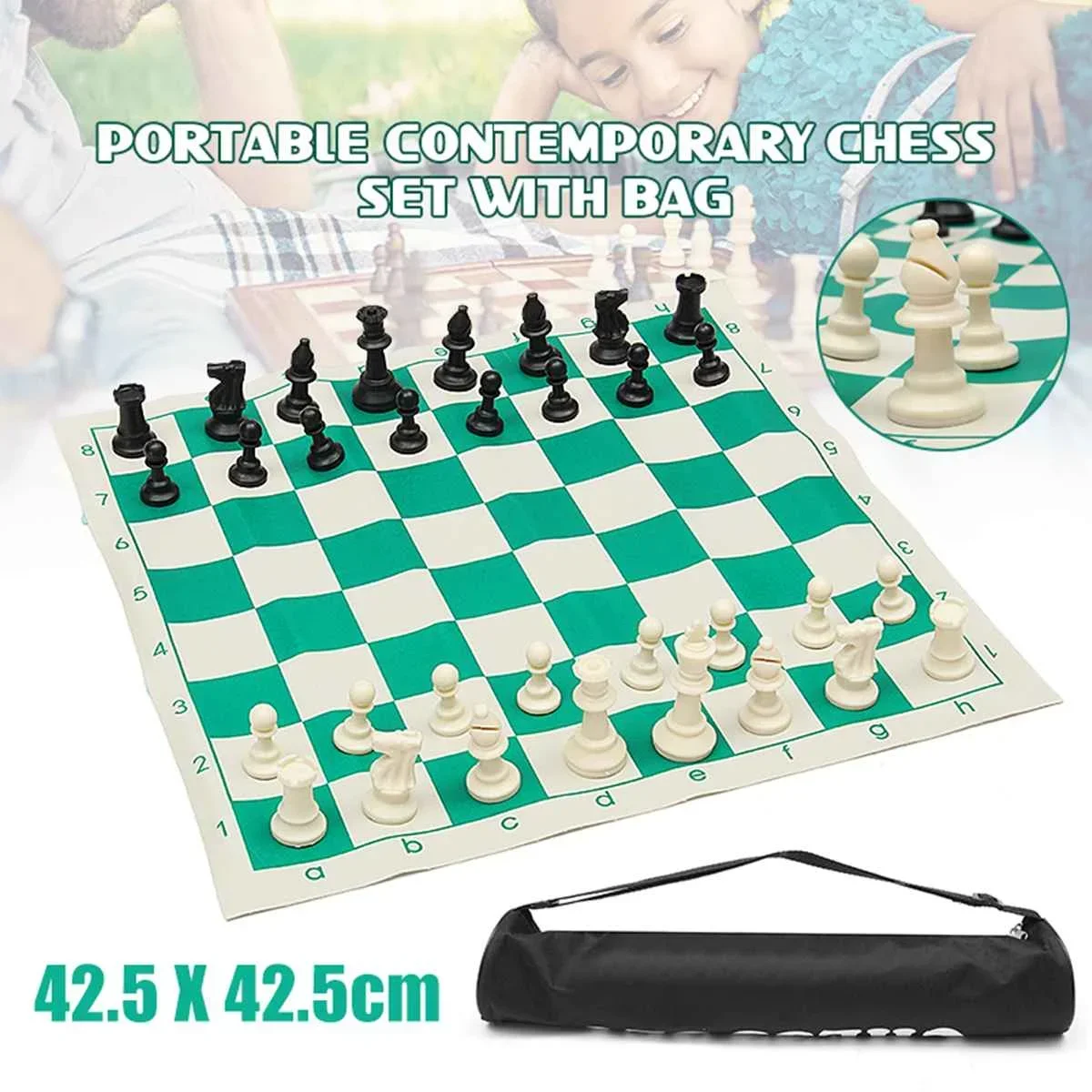 Tournament Chess Set  Plastic Filled Chess Pieces and Green Roll-up Vinyl Chess Board Game with Bag