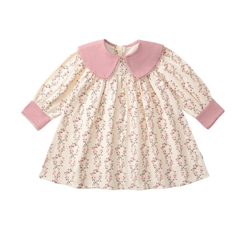 Children\'s Countryside Style Floral Long Sleeved Dress Autumn Baby\'s Fresh Little Collar Pure Cotton Princess Dress for Girls