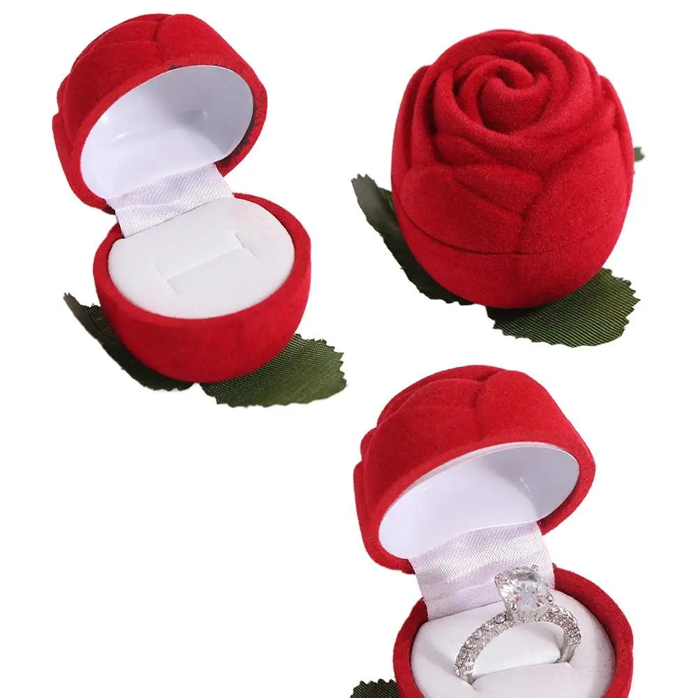 

Red Flower Stem Romantic Wedding Ring Holder Stud Earrings Storage Box Jewelry Box Solid Color Velvet Engagement Rings Box